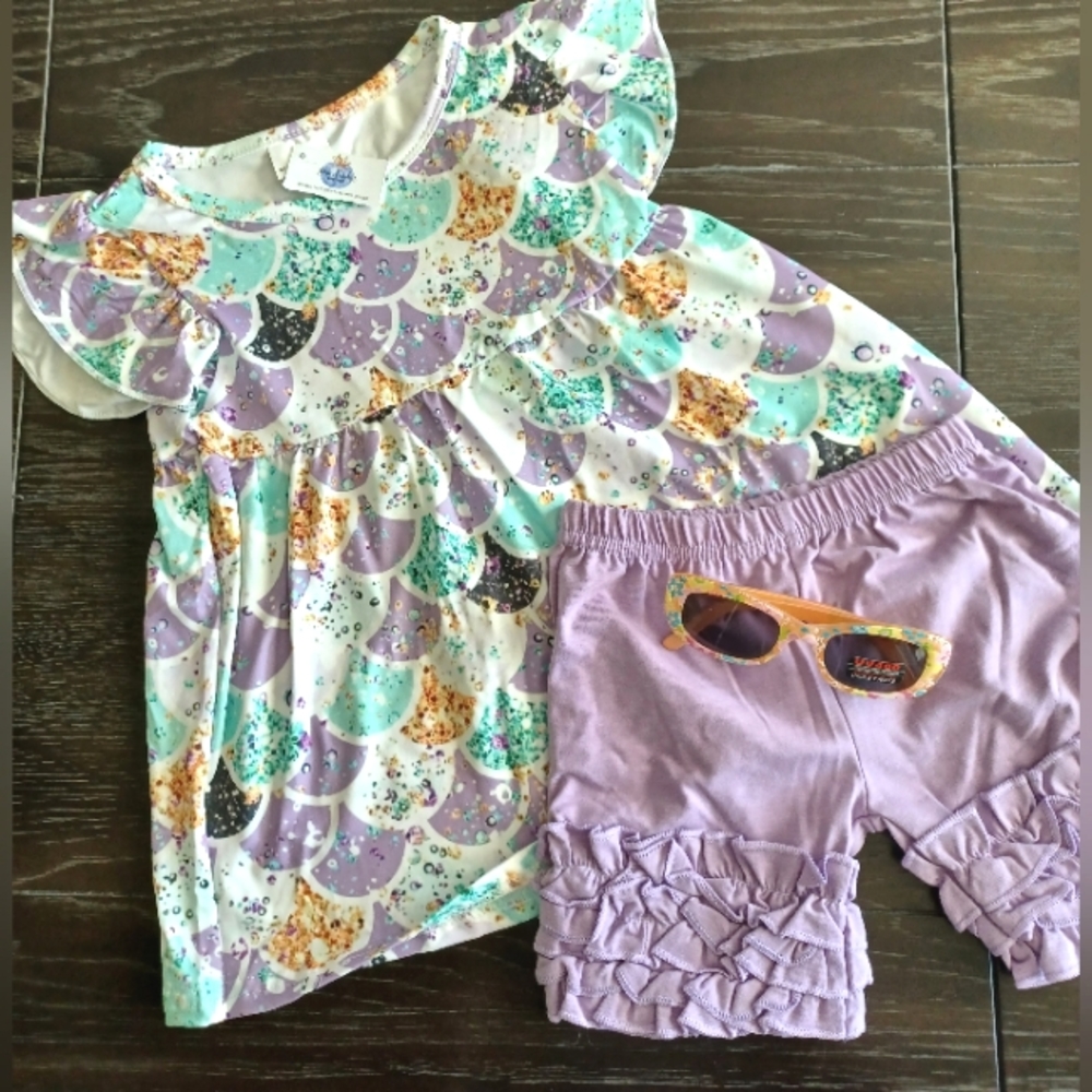 Purple Mermaid Scale Print Flutter Sleeve Top and Ruffled Bottoms